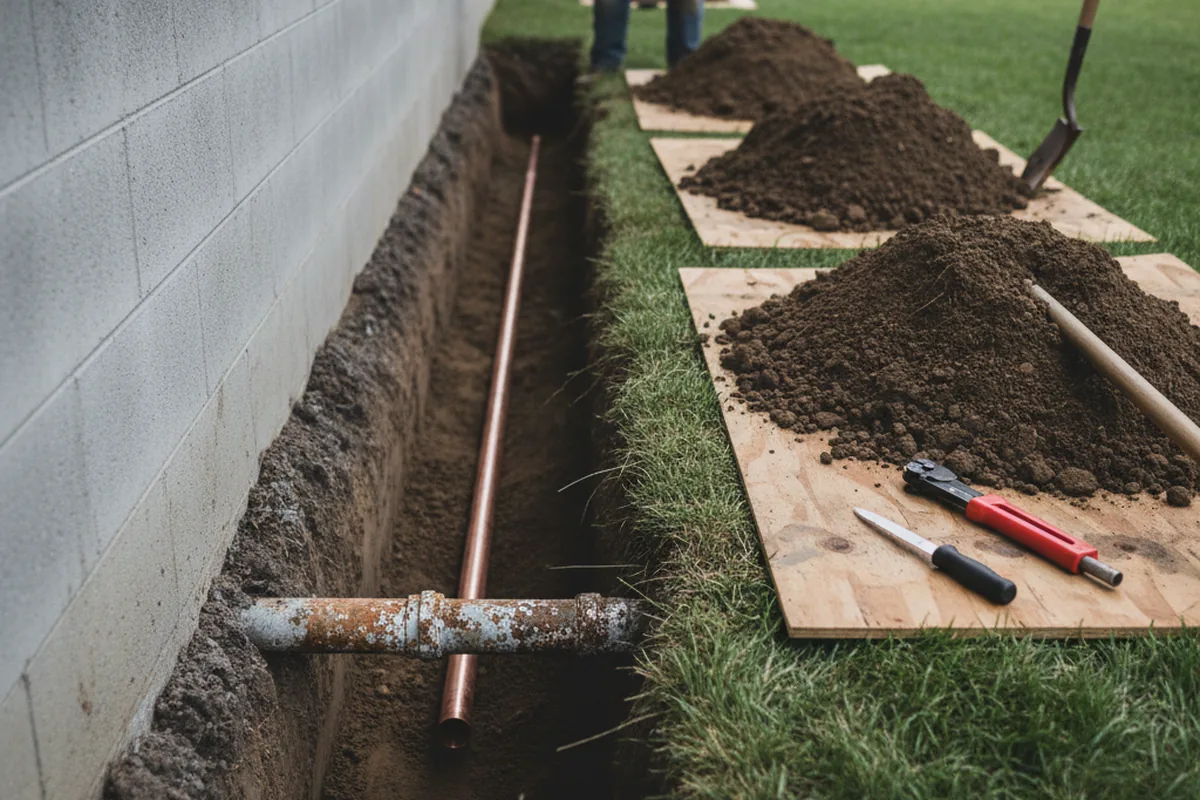 Excavated water line trench during Sewer Line Repair in Wise